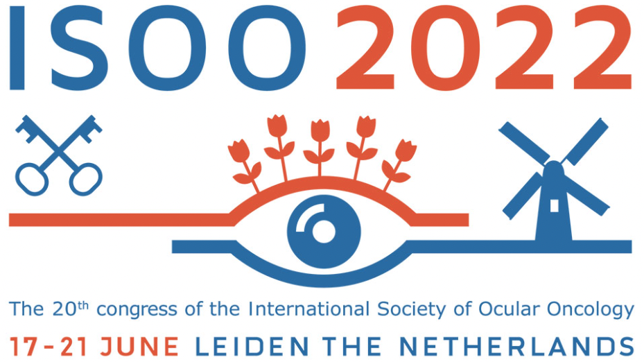 Annoucnement graphic for ISOO 2022, the 20th congress of the International Society of Octular Oncology, 17-21 June, Leiden, The Netherlands. a graphic representation depicts a pair of keys, tulips, an eye, and a windmill.