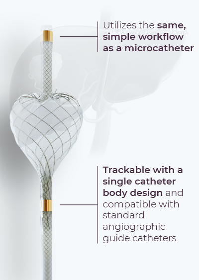 Scientific illustration of the TriNav device, which enables drug delivery to the liver. Callout text: Trackable with a single catheter body design and compatible with standard angiographic guide catheters. Utilizes the same, simple workflow as a microcatheter.